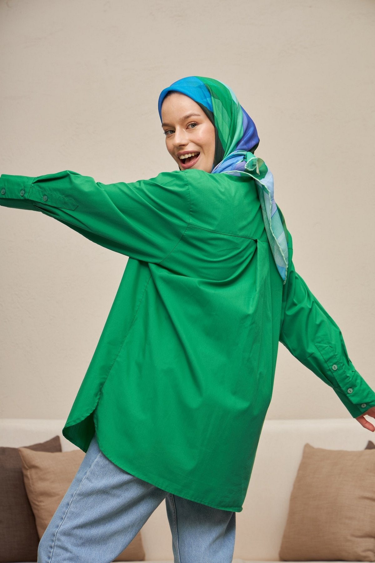 Geometrik Benetton Yeşili Pamuk Viskon Eşarp