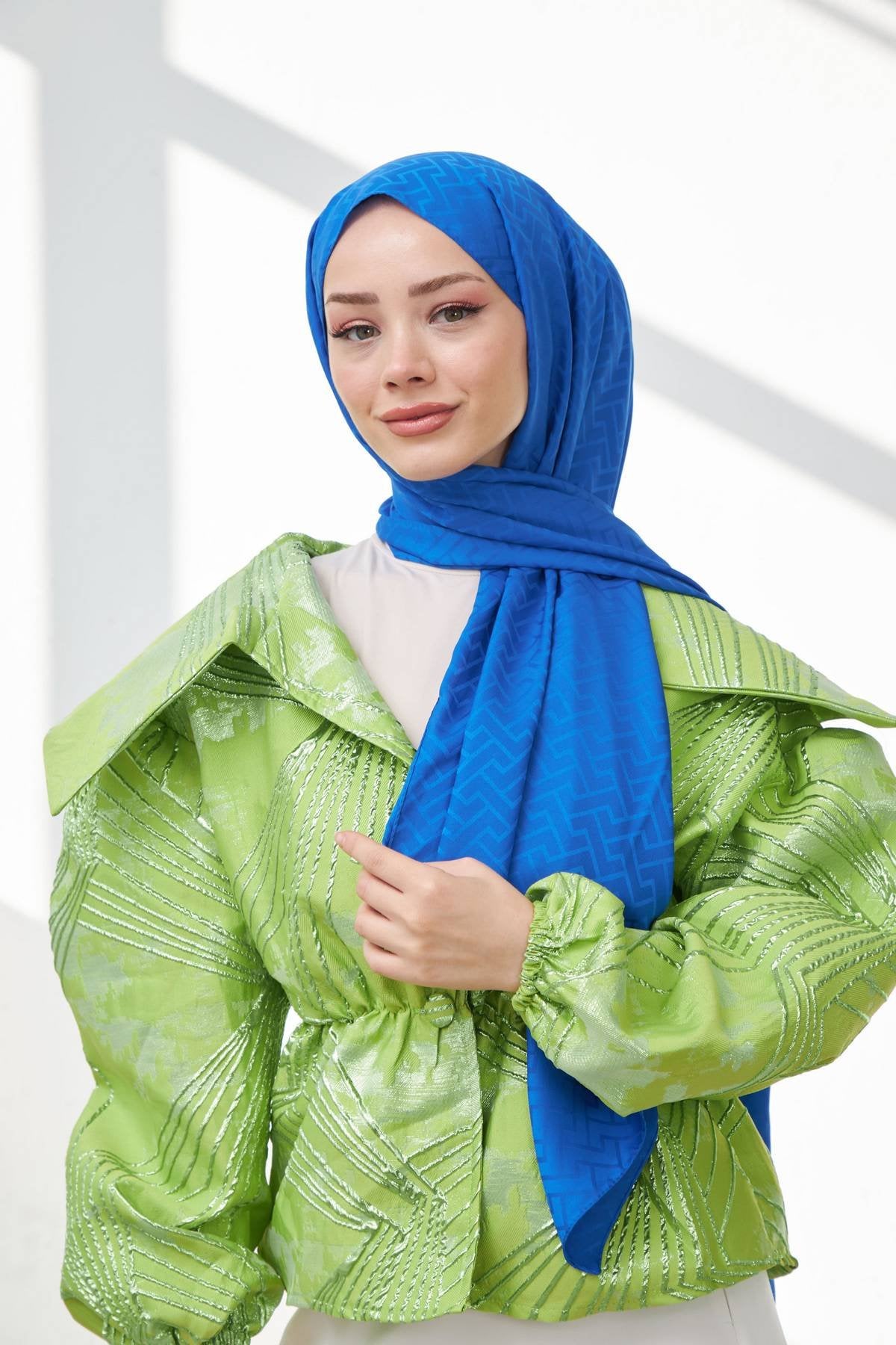 Lego Desen İpeksi Jakar Şal Saks Mavi