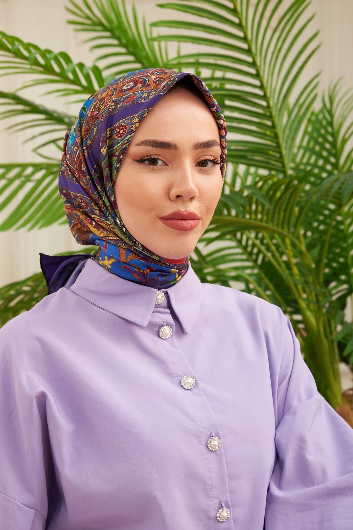 Silk Home Twill Eşarp Etnik Desen Mor
