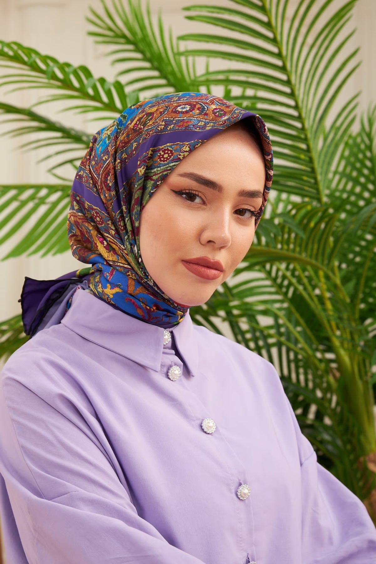 Silk Home Twill Eşarp Etnik Desen Mor