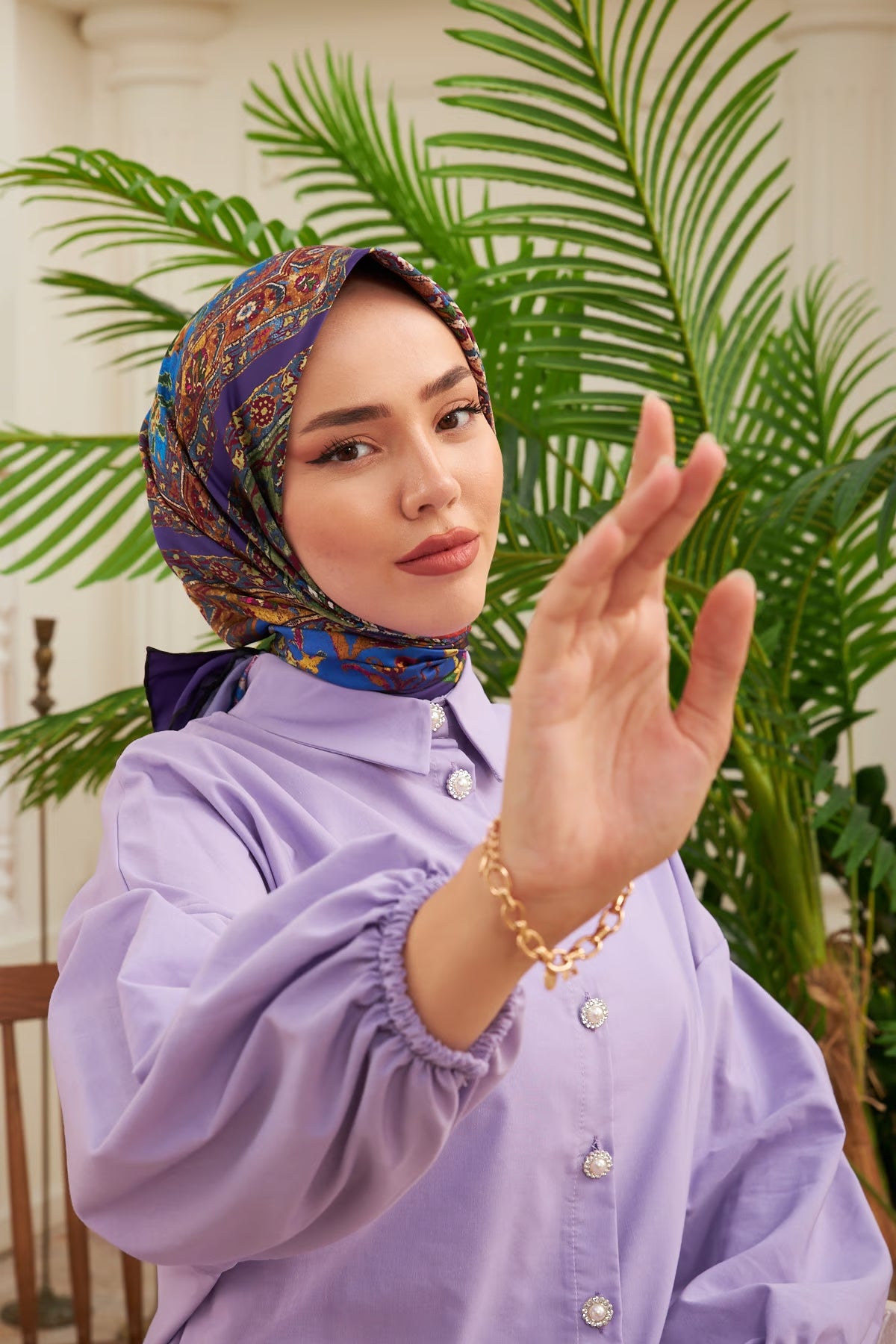 Silk Home Twill Eşarp Etnik Desen Mor