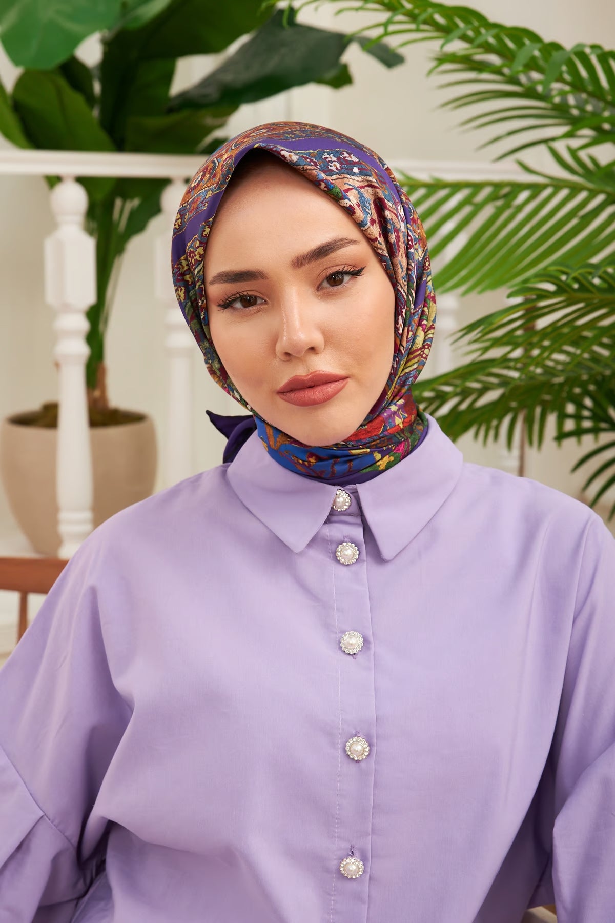 Silk Home Twill Eşarp Etnik Desen Mor