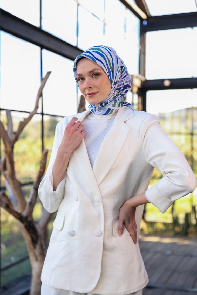 Poncy Desen Soft Pamuk Eşarp Mavi Lila