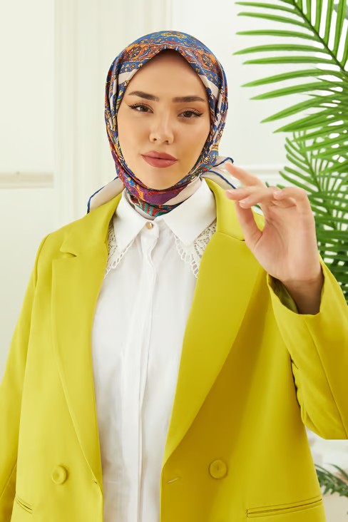 Silk Home Twill Eşarp Etnik Desen Saks