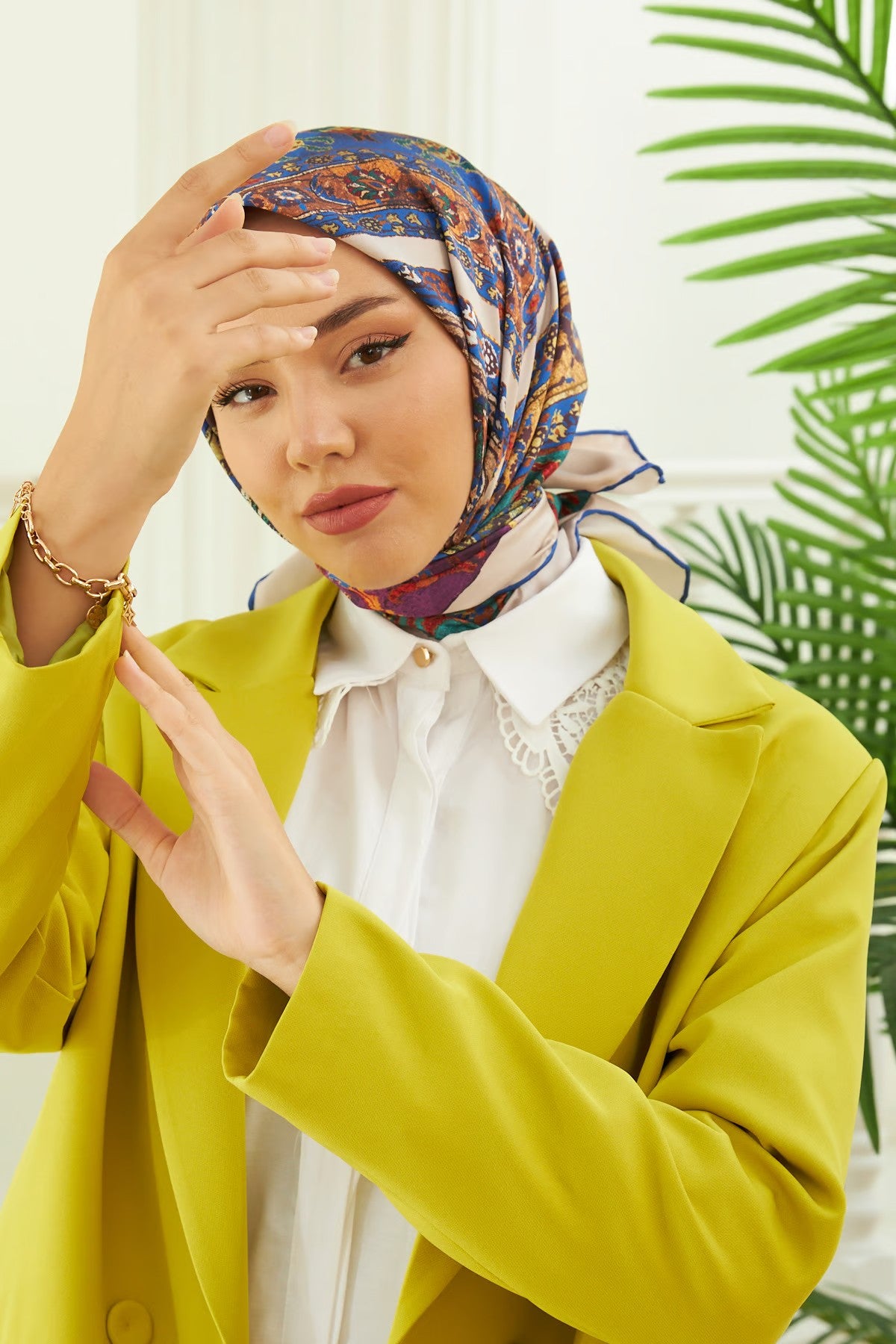 Silk Home Twill Eşarp Etnik Desen Saks