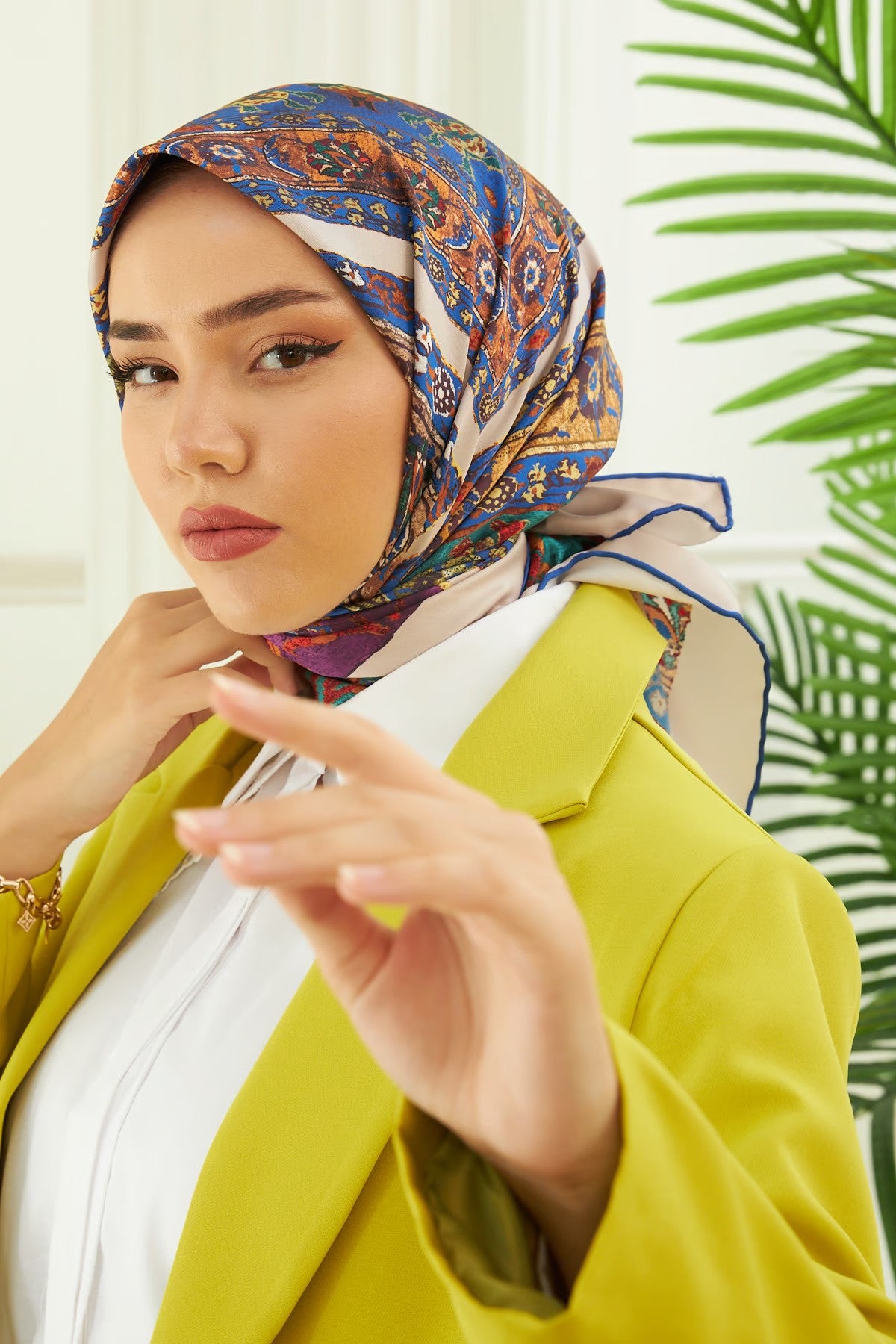 Silk Home Twill Eşarp Etnik Desen Saks