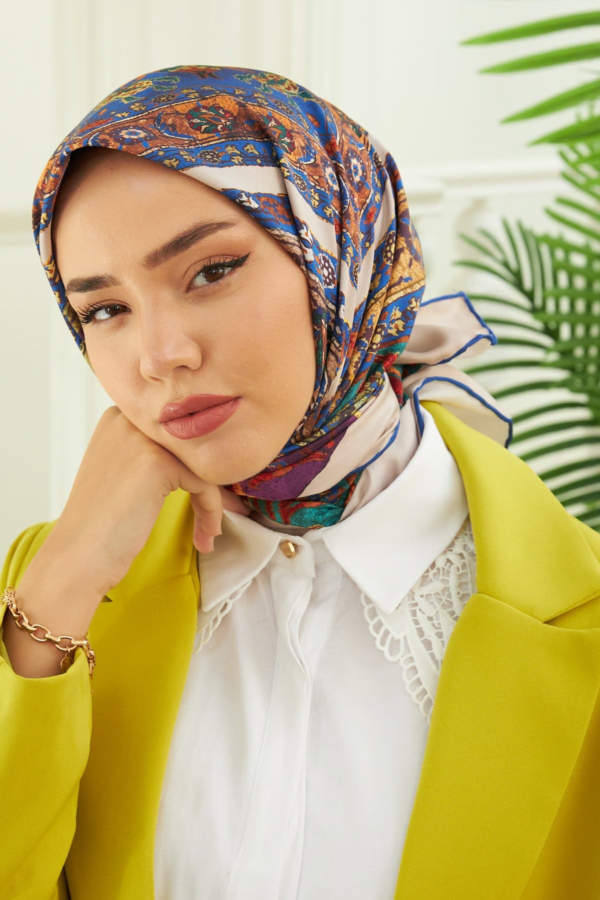 Silk Home Twill Eşarp Etnik Desen Saks