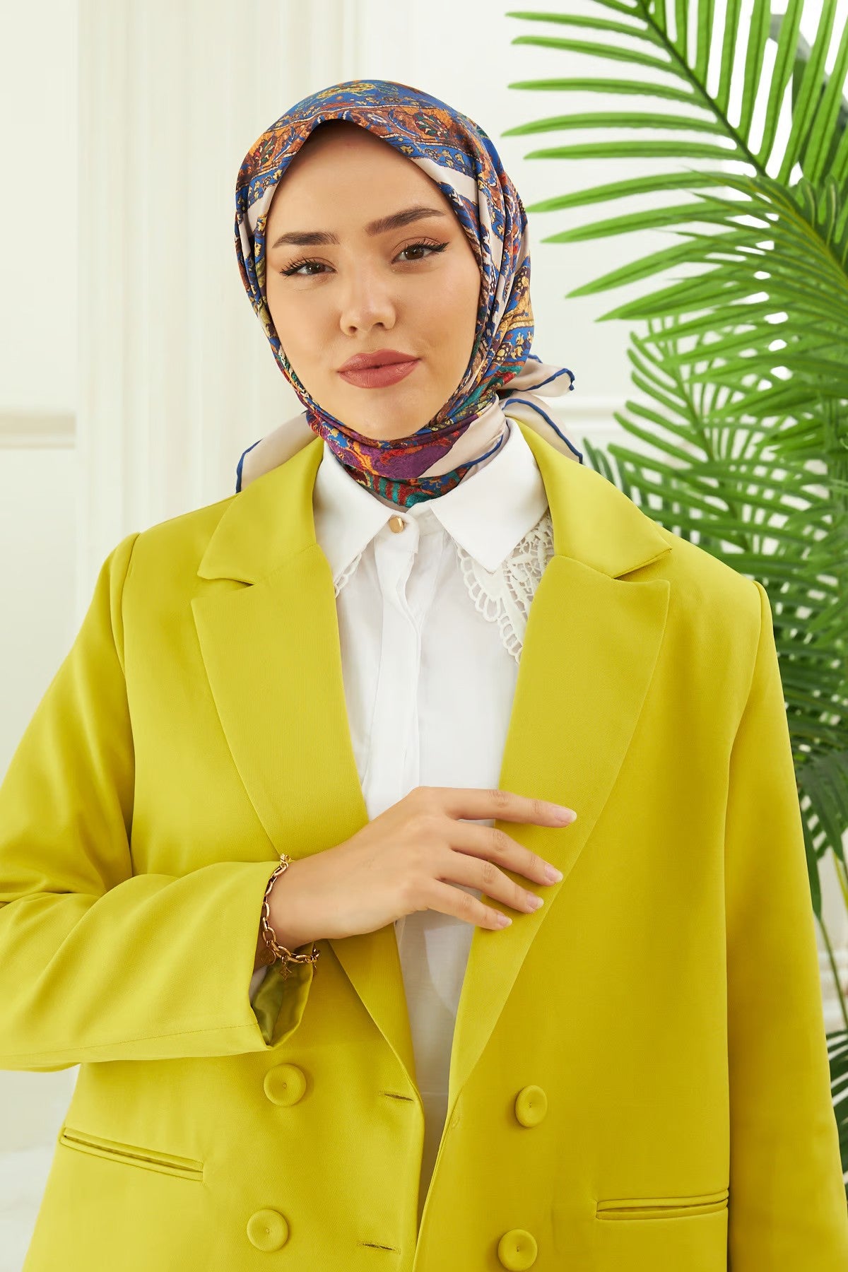 Silk Home Twill Eşarp Etnik Desen Saks