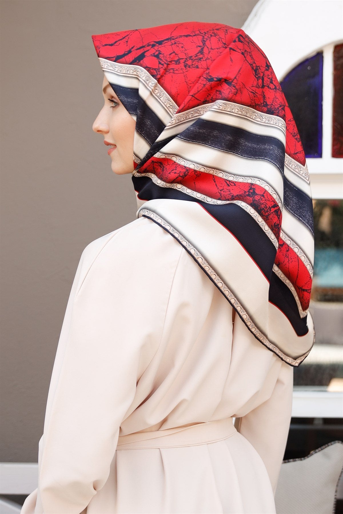 Silk Home Twill Eşarp Lacivert Kırmızı Detay