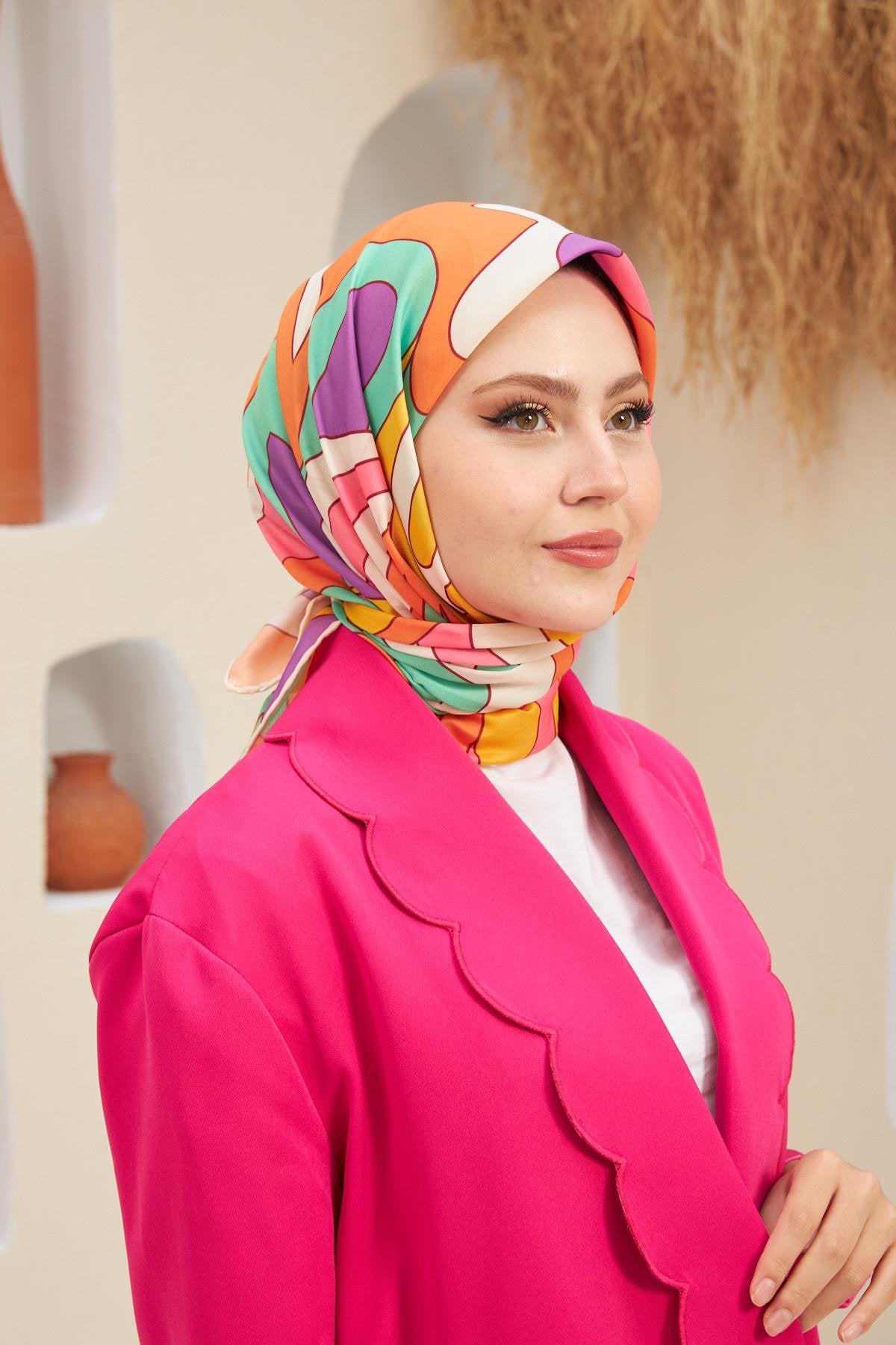 Yeni Twist Desen Pamuk Viskon Eşarp Turuncu Mor